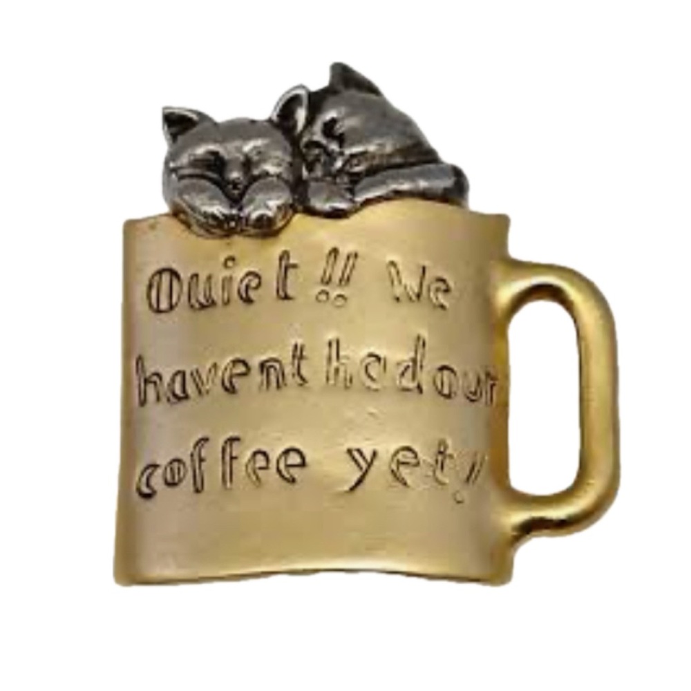 Danecraft Vintage Pewter Color Cats in Brass Coffee Cup Brooch